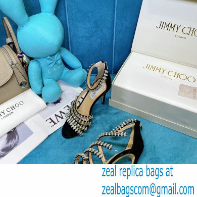 Jimmy Choo Heel 10cm Josefine Sandals Suede Black with Crystal Embellishment 2021