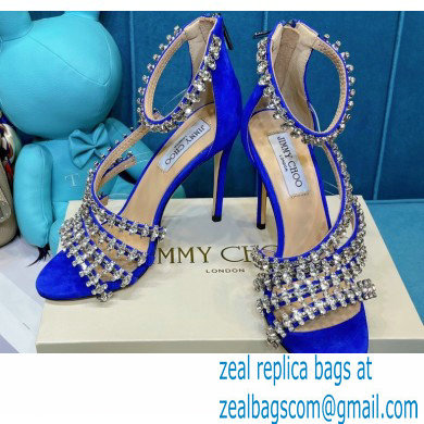 Jimmy Choo Heel 10cm Josefine Sandals Suede Blue with Crystal Embellishment 2021