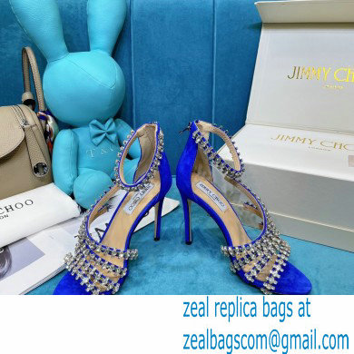 Jimmy Choo Heel 10cm Josefine Sandals Suede Blue with Crystal Embellishment 2021