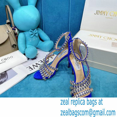 Jimmy Choo Heel 10cm Josefine Sandals Suede Blue with Crystal Embellishment 2021