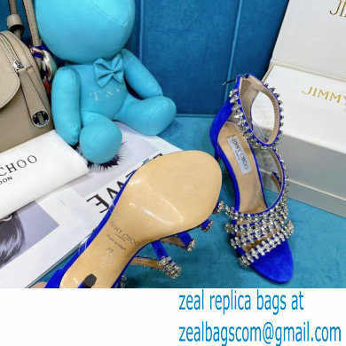 Jimmy Choo Heel 10cm Josefine Sandals Suede Blue with Crystal Embellishment 2021