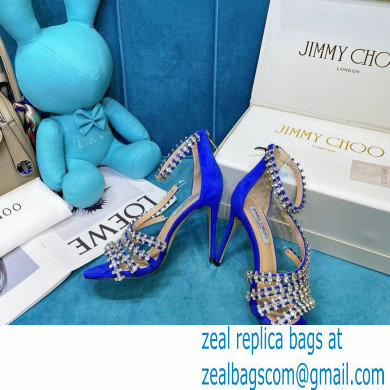 Jimmy Choo Heel 10cm Josefine Sandals Suede Blue with Crystal Embellishment 2021