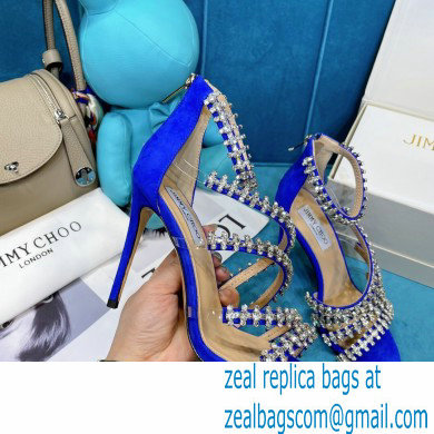 Jimmy Choo Heel 10cm Josefine Sandals Suede Blue with Crystal Embellishment 2021