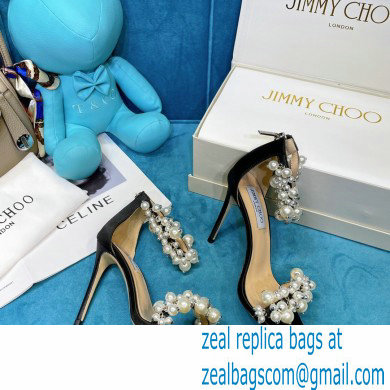 Jimmy Choo Heel 10cm Maisel Sandals Satin Black with Pearl Embellishment 2021