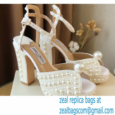 Jimmy Choo Heel 11.5cm Platform 3cm SACARIA/PF Sandals White Satin with All-Over Pearl Embellishment 2021