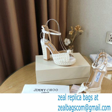 Jimmy Choo Heel 11.5cm Platform 3cm SACARIA/PF Sandals White Satin with All-Over Pearl Embellishment 2021