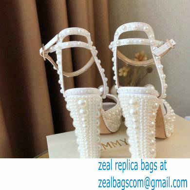 Jimmy Choo Heel 11.5cm Platform 3cm SACARIA/PF Sandals White Satin with All-Over Pearl Embellishment 2021