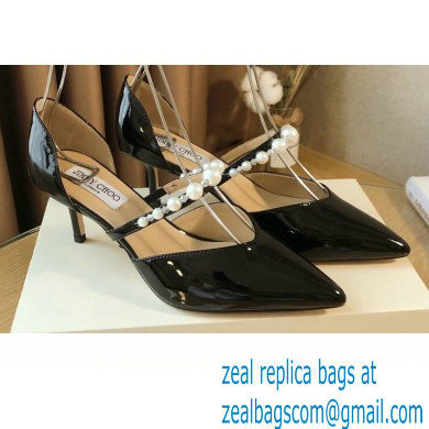 Jimmy Choo Heel 6.5cm Aurelie Pointed Pumps Patent Black with Pearl Embellishment 2021