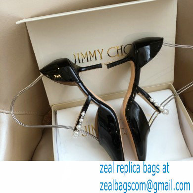 Jimmy Choo Heel 6.5cm Aurelie Pointed Pumps Patent Black with Pearl Embellishment 2021