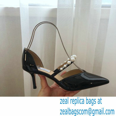 Jimmy Choo Heel 6.5cm Aurelie Pointed Pumps Patent Black with Pearl Embellishment 2021