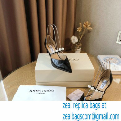 Jimmy Choo Heel 6.5cm Aurelie Pointed Pumps Patent Black with Pearl Embellishment 2021