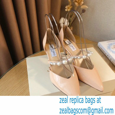 Jimmy Choo Heel 6.5cm Aurelie Pointed Pumps Patent Nude with Pearl Embellishment 2021 - Click Image to Close