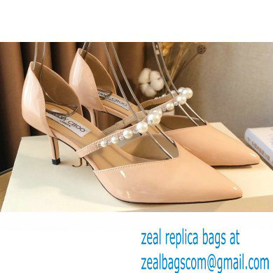 Jimmy Choo Heel 6.5cm Aurelie Pointed Pumps Patent Nude with Pearl Embellishment 2021