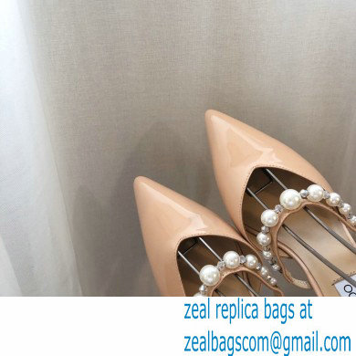 Jimmy Choo Heel 6.5cm Aurelie Pointed Pumps Patent Nude with Pearl Embellishment 2021