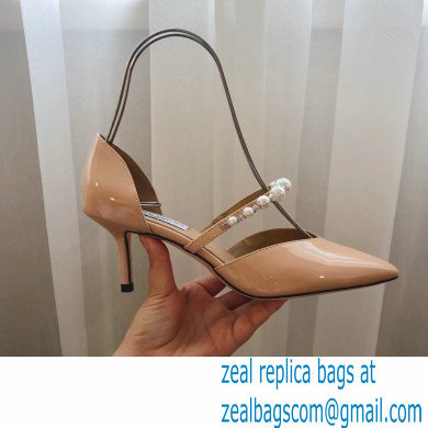 Jimmy Choo Heel 6.5cm Aurelie Pointed Pumps Patent Nude with Pearl Embellishment 2021