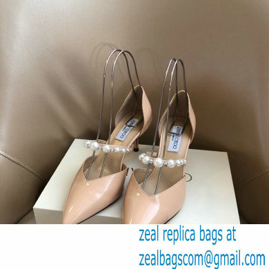 Jimmy Choo Heel 6.5cm Aurelie Pointed Pumps Patent Nude with Pearl Embellishment 2021