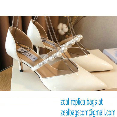 Jimmy Choo Heel 6.5cm Aurelie Pointed Pumps Patent White with Pearl Embellishment 2021 - Click Image to Close