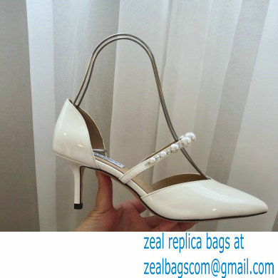 Jimmy Choo Heel 6.5cm Aurelie Pointed Pumps Patent White with Pearl Embellishment 2021