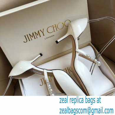 Jimmy Choo Heel 6.5cm Aurelie Pointed Pumps Patent White with Pearl Embellishment 2021