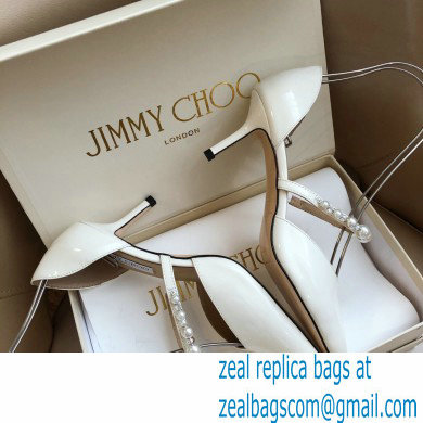 Jimmy Choo Heel 6.5cm Aurelie Pointed Pumps Patent White with Pearl Embellishment 2021 - Click Image to Close