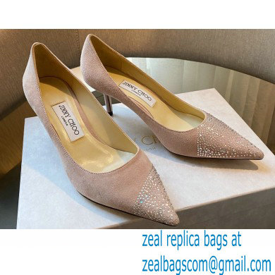 Jimmy Choo Heel 6.5cm Love Pumps Crystal Covered Suede Nude Pink 2021