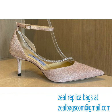 Jimmy Choo Heel 6.5cm TALIKA Pumps Glitter Pink with Ankel Strap and Crystal Chain 2021
