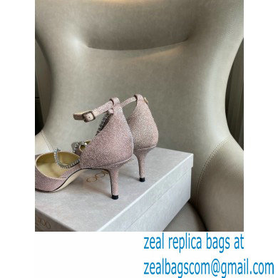 Jimmy Choo Heel 6.5cm TALIKA Pumps Glitter Pink with Ankel Strap and Crystal Chain 2021