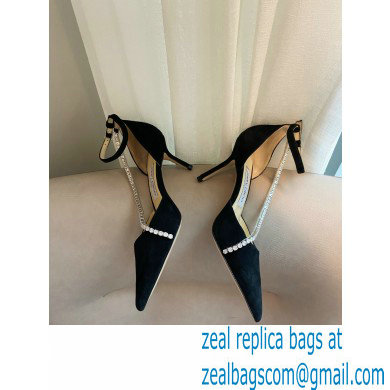 Jimmy Choo Heel 6.5cm TALIKA Pumps Suede Black with Ankel Strap and Crystal Chain 2021