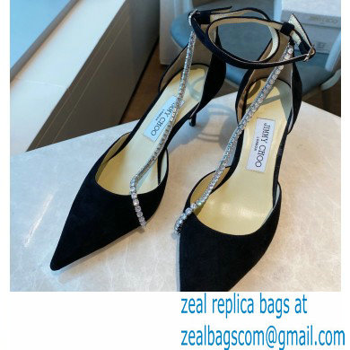 Jimmy Choo Heel 6.5cm TALIKA Pumps Suede Black with Ankel Strap and Crystal Chain 2021