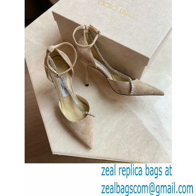 Jimmy Choo Heel 6.5cm TALIKA Pumps Suede Nude with Ankel Strap and Crystal Chain 2021