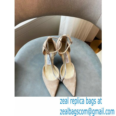 Jimmy Choo Heel 6.5cm TALIKA Pumps Suede Nude with Ankel Strap and Crystal Chain 2021