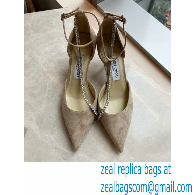 Jimmy Choo Heel 6.5cm TALIKA Pumps Suede Nude with Ankel Strap and Crystal Chain 2021