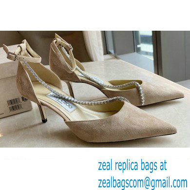 Jimmy Choo Heel 6.5cm TALIKA Pumps Suede Nude with Ankel Strap and Crystal Chain 2021