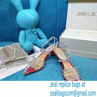 Jimmy Choo Heel 6.5cm Thu Crystal Stud Point Toe Sandals Red 2021