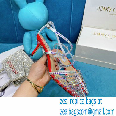 Jimmy Choo Heel 6.5cm Thu Crystal Stud Point Toe Sandals Red 2021 - Click Image to Close