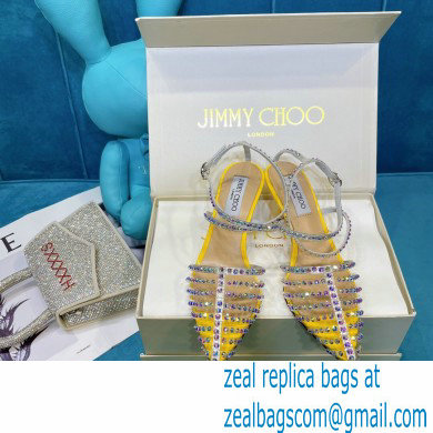 Jimmy Choo Heel 6.5cm Thu Crystal Stud Point Toe Sandals Yellow 2021 - Click Image to Close