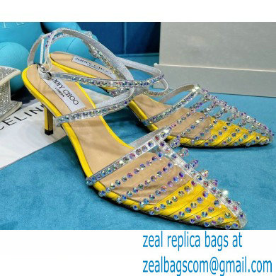 Jimmy Choo Heel 6.5cm Thu Crystal Stud Point Toe Sandals Yellow 2021