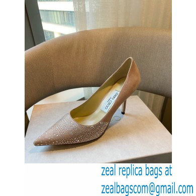 Jimmy Choo Heel 8.5cm Love Pumps Crystal Covered Suede Nude Pink 2021