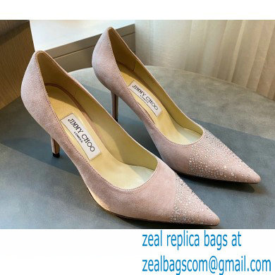 Jimmy Choo Heel 8.5cm Love Pumps Crystal Covered Suede Nude Pink 2021 - Click Image to Close