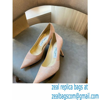 Jimmy Choo Heel 8.5cm Love Pumps Crystal Covered Suede Nude Pink 2021 - Click Image to Close