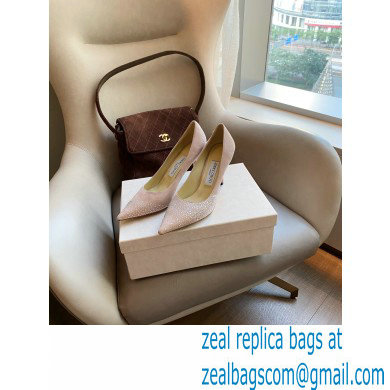 Jimmy Choo Heel 8.5cm Love Pumps Crystal Covered Suede Nude Pink 2021