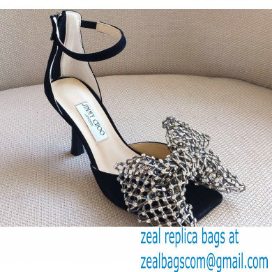 Jimmy Choo Heel 8.5cm MANA Sandals Suede Black with Crystal Bow Clasp 2021