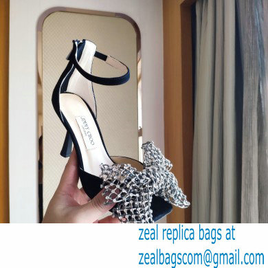 Jimmy Choo Heel 8.5cm MANA Sandals Suede Black with Crystal Bow Clasp 2021