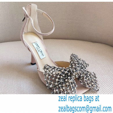 Jimmy Choo Heel 8.5cm MANA Sandals Suede Nude with Crystal Bow Clasp 2021