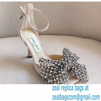 Jimmy Choo Heel 8.5cm MANA Sandals Suede Nude with Crystal Bow Clasp 2021 - Click Image to Close