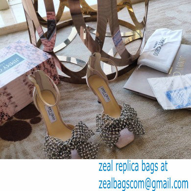 Jimmy Choo Heel 8.5cm MANA Sandals Suede Nude with Crystal Bow Clasp 2021 - Click Image to Close