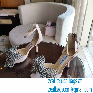 Jimmy Choo Heel 8.5cm MANA Sandals Suede Nude with Crystal Bow Clasp 2021 - Click Image to Close