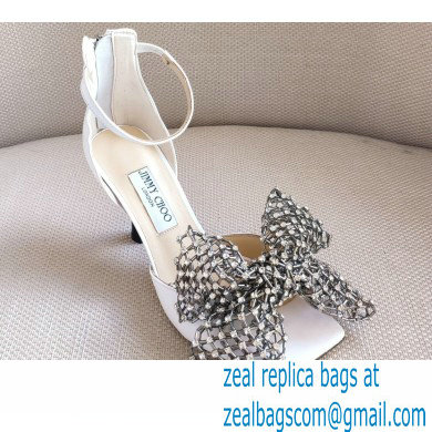 Jimmy Choo Heel 8.5cm MANA Sandals White with Crystal Bow Clasp 2021 - Click Image to Close