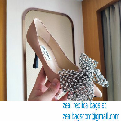 Jimmy Choo Heel 8.5cm SEKA Pumps Nude with Crystal Bow Clasp 2021