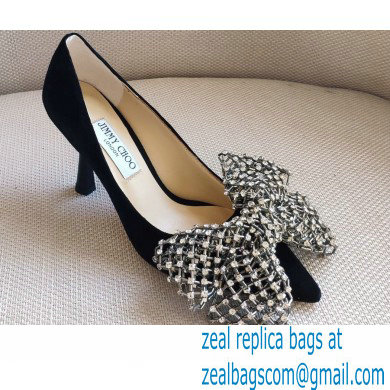 Jimmy Choo Heel 8.5cm SEKA Pumps Suede Black with Crystal Bow Clasp 2021